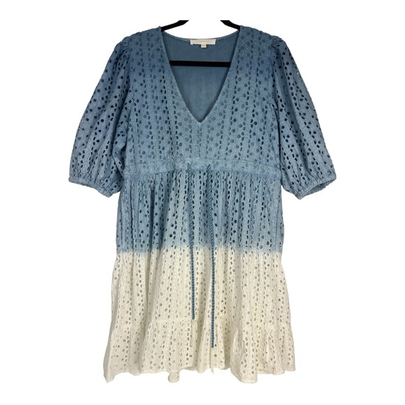 Super Natural Sz L Tiered Eyelet Dress V Neck Blue Ombre V Neck Puff Sleeves - Picture 3 of 13